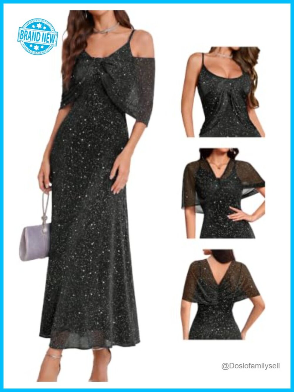 Elegant Sequin Formal Cocktail Midi Dress with Shawl Long Sleeve